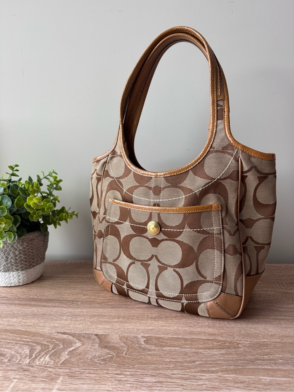 Coach 2008 Ergo Signature Tote 11603 Khaki Tan Jacquard Leather Trim